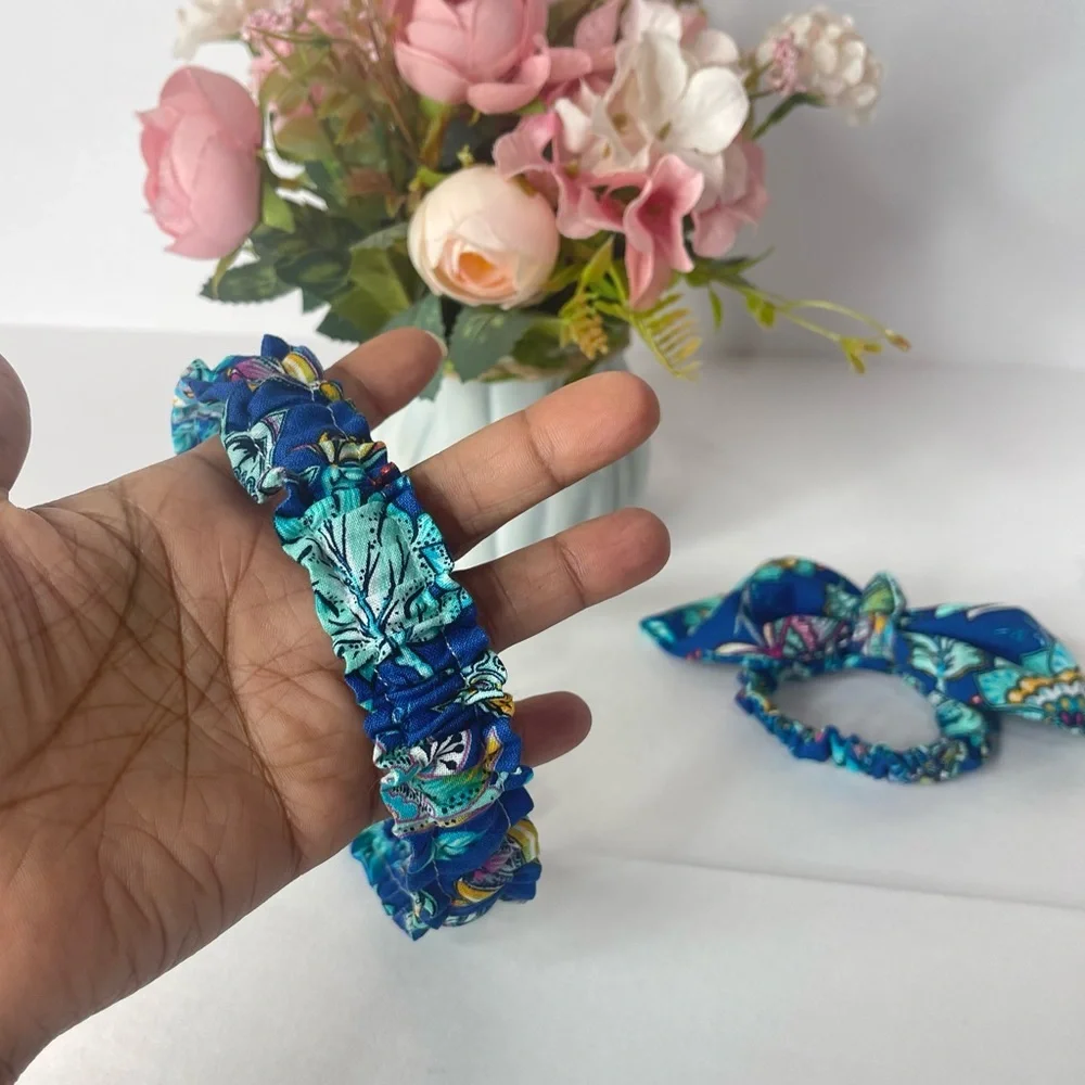 Ruffle Headbands end Scrunchie Set Girls Handmade Hair floral blue